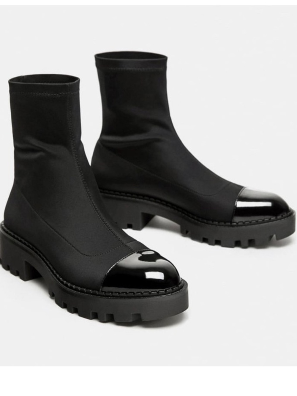 Zara Black Sock Ankle Boots Patent Toe Cap Lug Sole Size 9